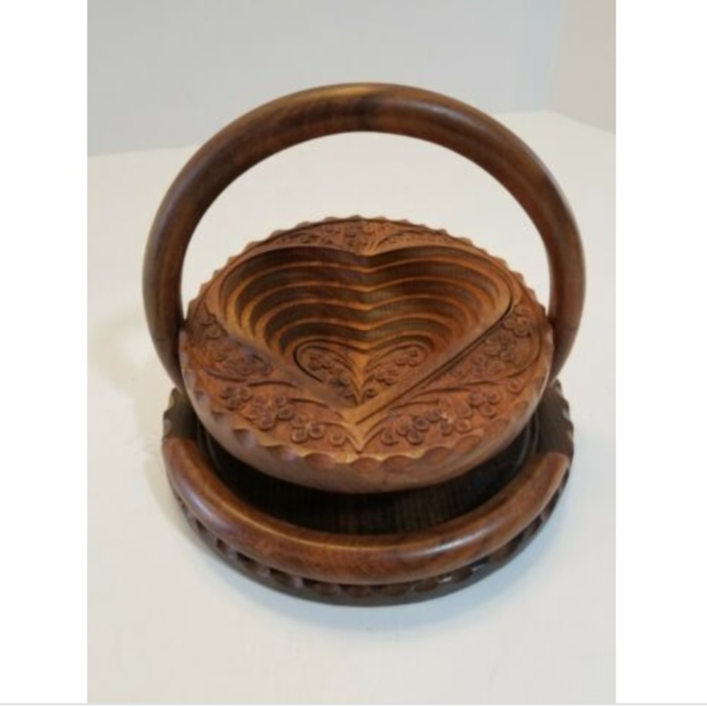 TRIVET To BASKET Heart Shape Hand Carved Wood